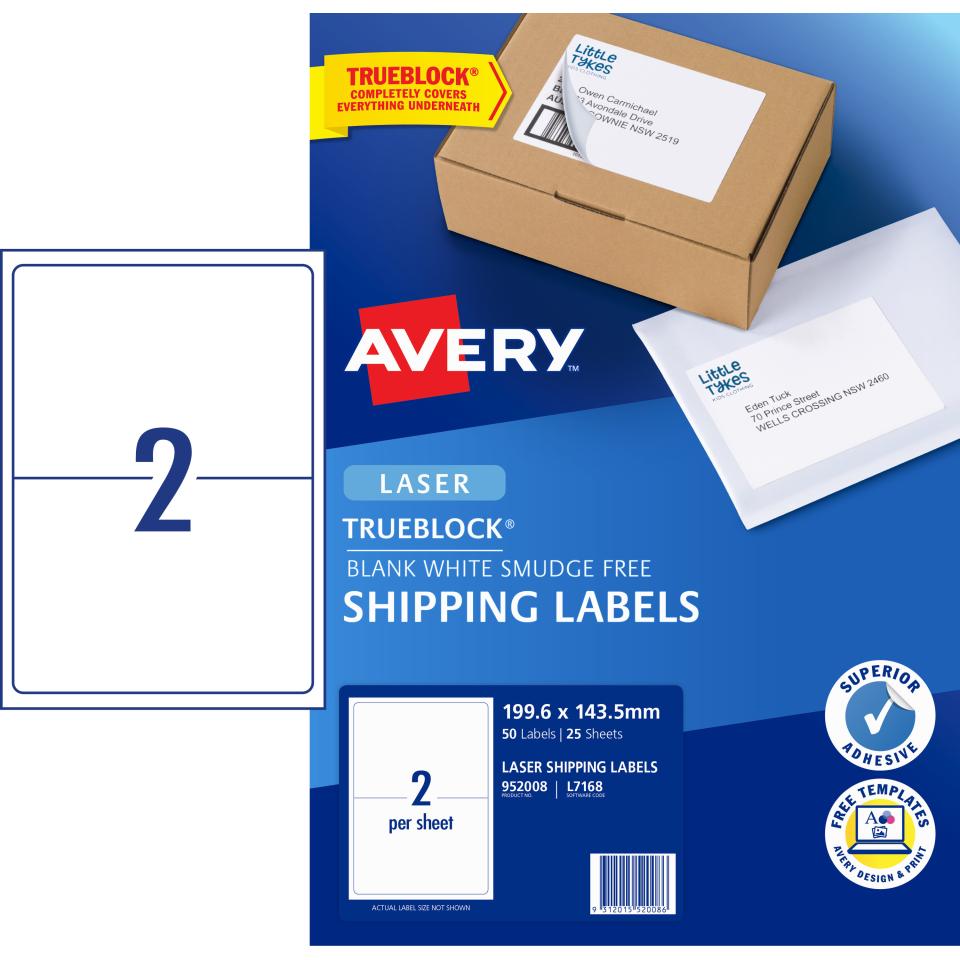 Avery Shipping Labels with TrueBlock for Laser Printers - 199.6 x 143.5mm - 50 Labels (L7168)