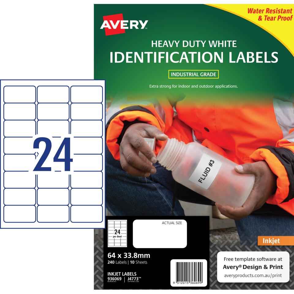 Avery White Heavy Duty Labels for Inkjet Printers - 63.5 x 33.9mm - 240 Labels (J4773)