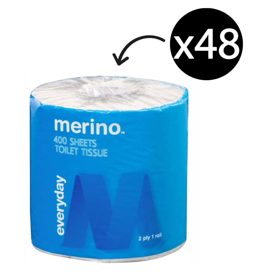 Merino Everyday Toilet Tissue Roll 2 Ply 400 Sheets White Carton 48