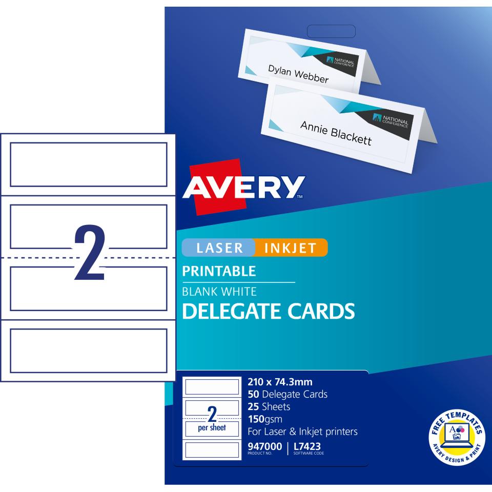 Avery Delegate Cards - 210 x 74.25mm - 50 cards - 150g/m2 (L7423)