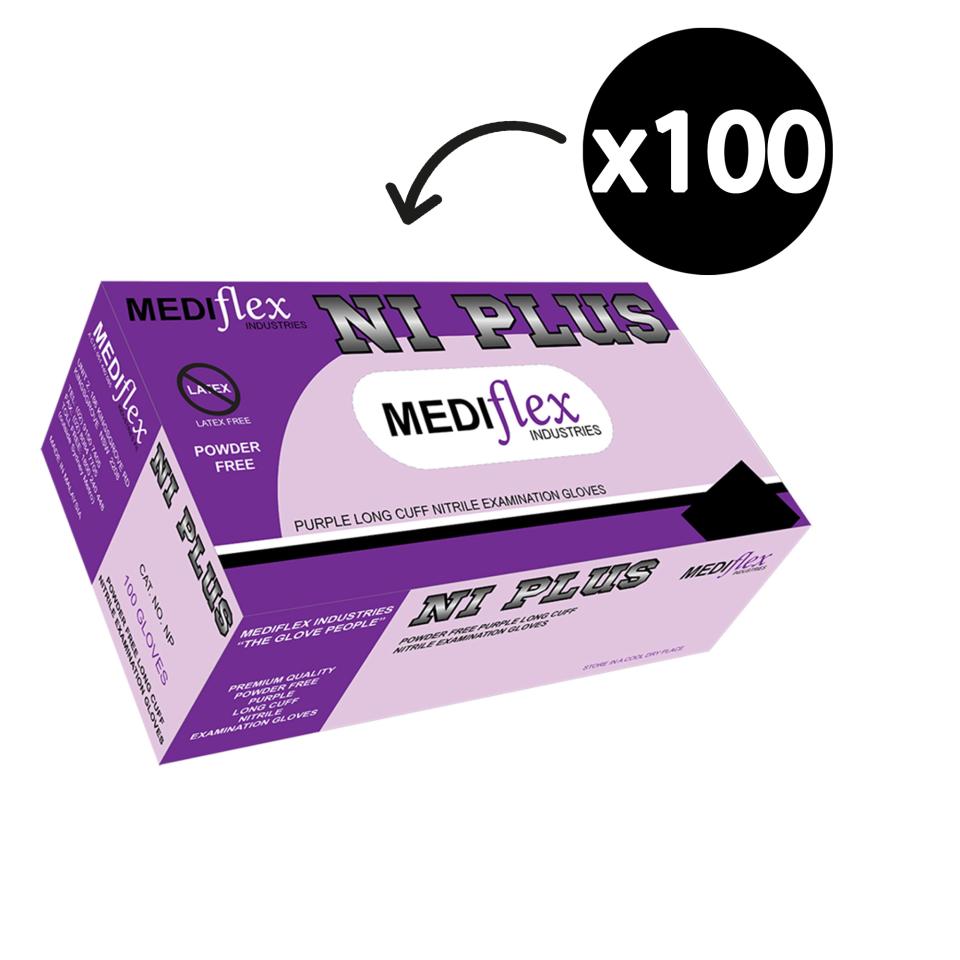 Mediflex Niplus Nitrile Long Cuff Non Sterile Examination Gloves Medium Purple Box 100