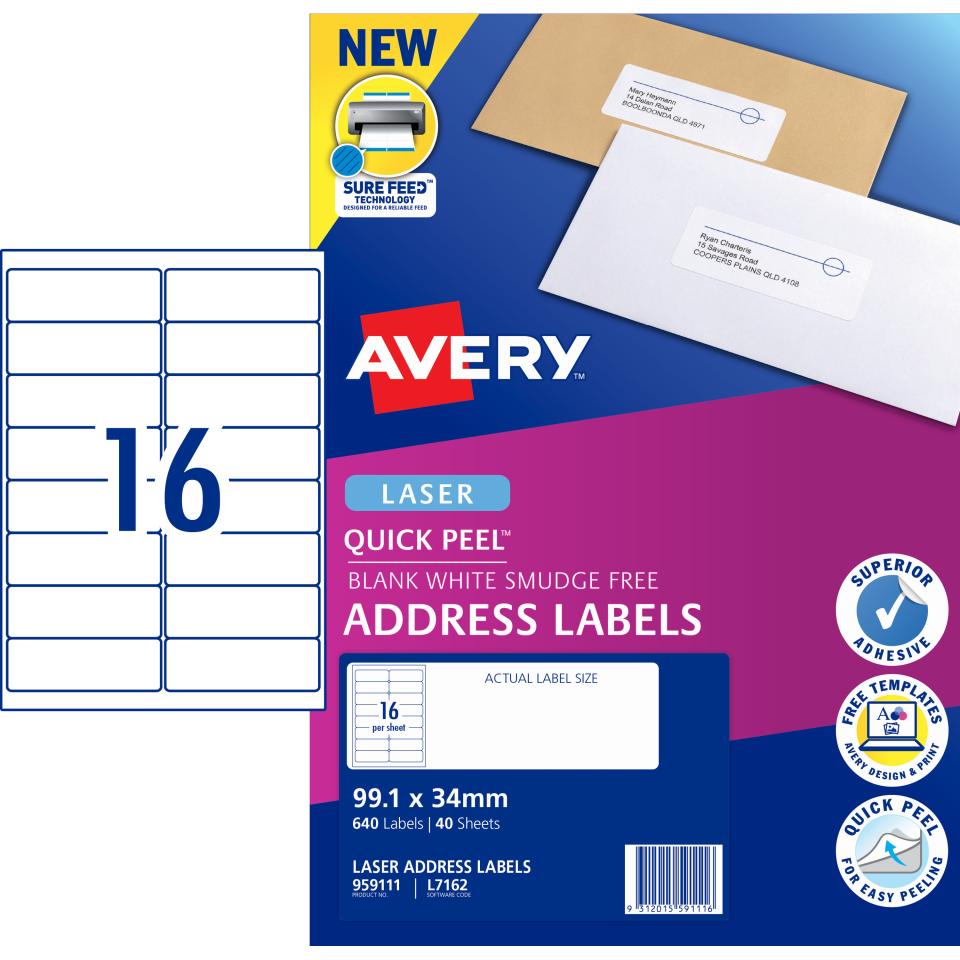 Avery Address Labels with Quick Peel for Laser Printers - 99.1 x 34mm - 640 Labels (L7162)