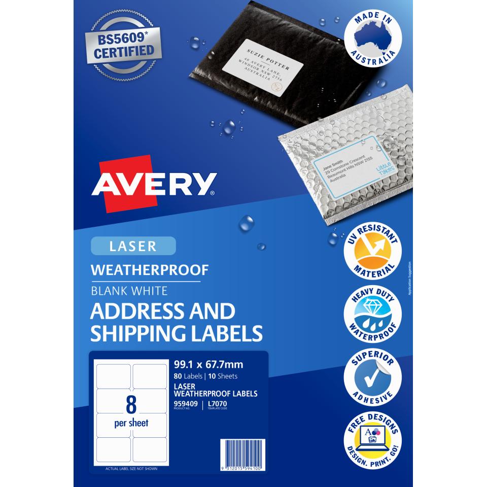 Avery WeatherProof Shipping Labels for Laser Printers - 99.1 x 67.7mm - 80 Labels (L7070)