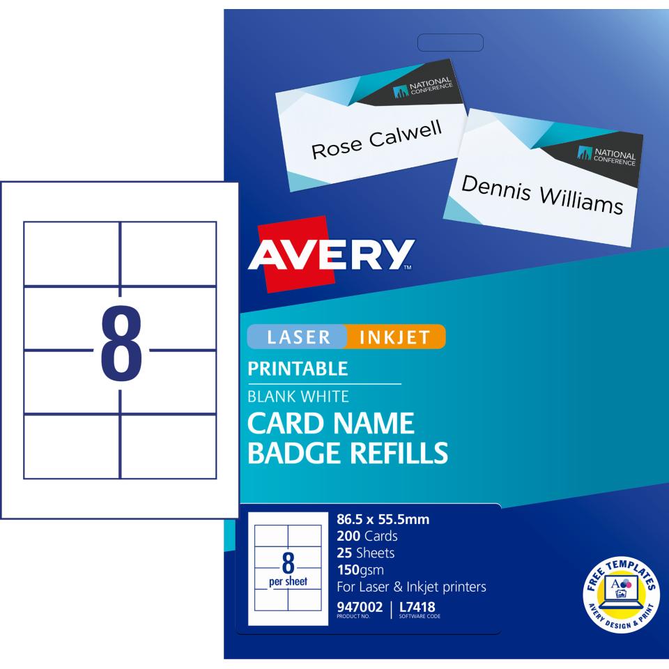 Avery L7418K Name Badges Card Refill 86.5 x 55.5mm 200 Cards 