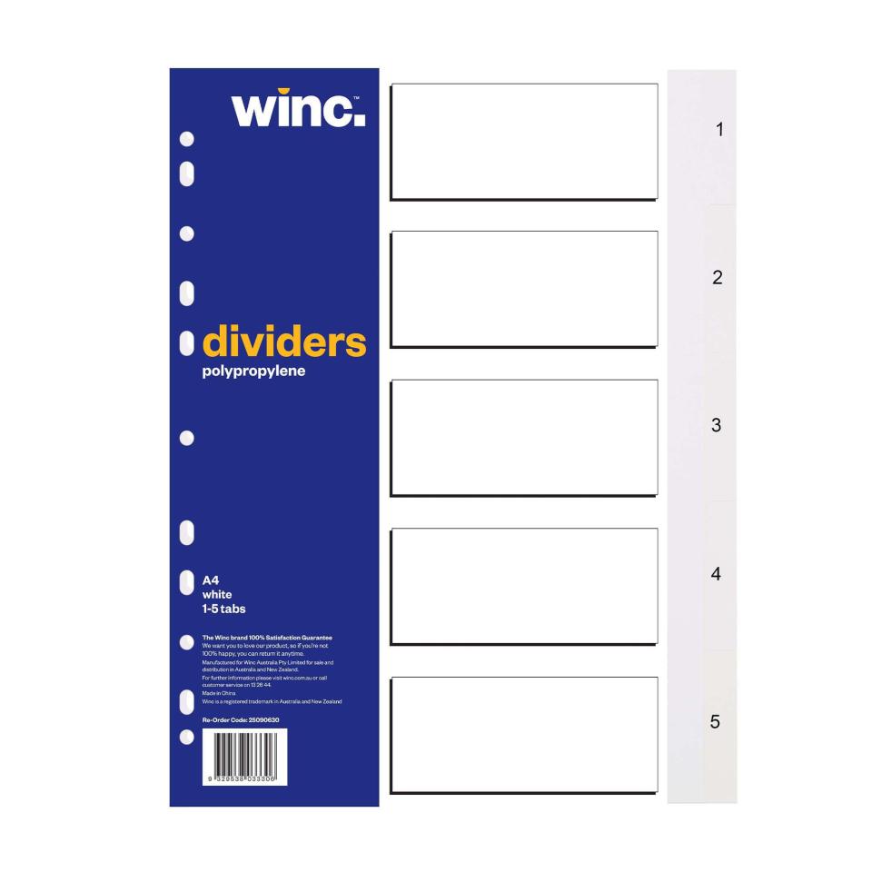 Winc Dividers A4 Polypropylene 1-5 Numerical White Tab
