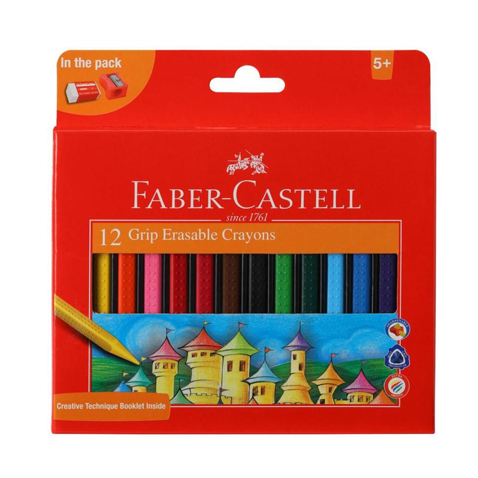 Faber Castell Erasable Grip Crayons 12 Pack with Sharpener & Eraser