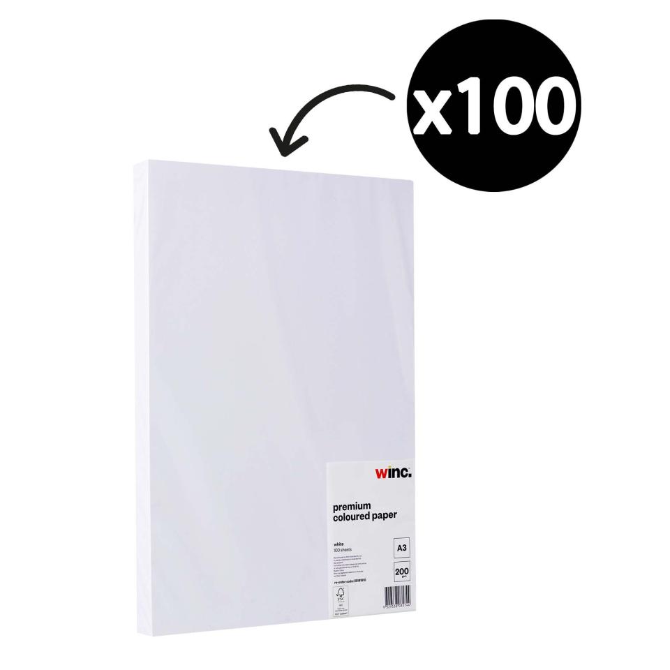 Winc Premium Coloured Cover Paper A3 200gsm White Pack 100