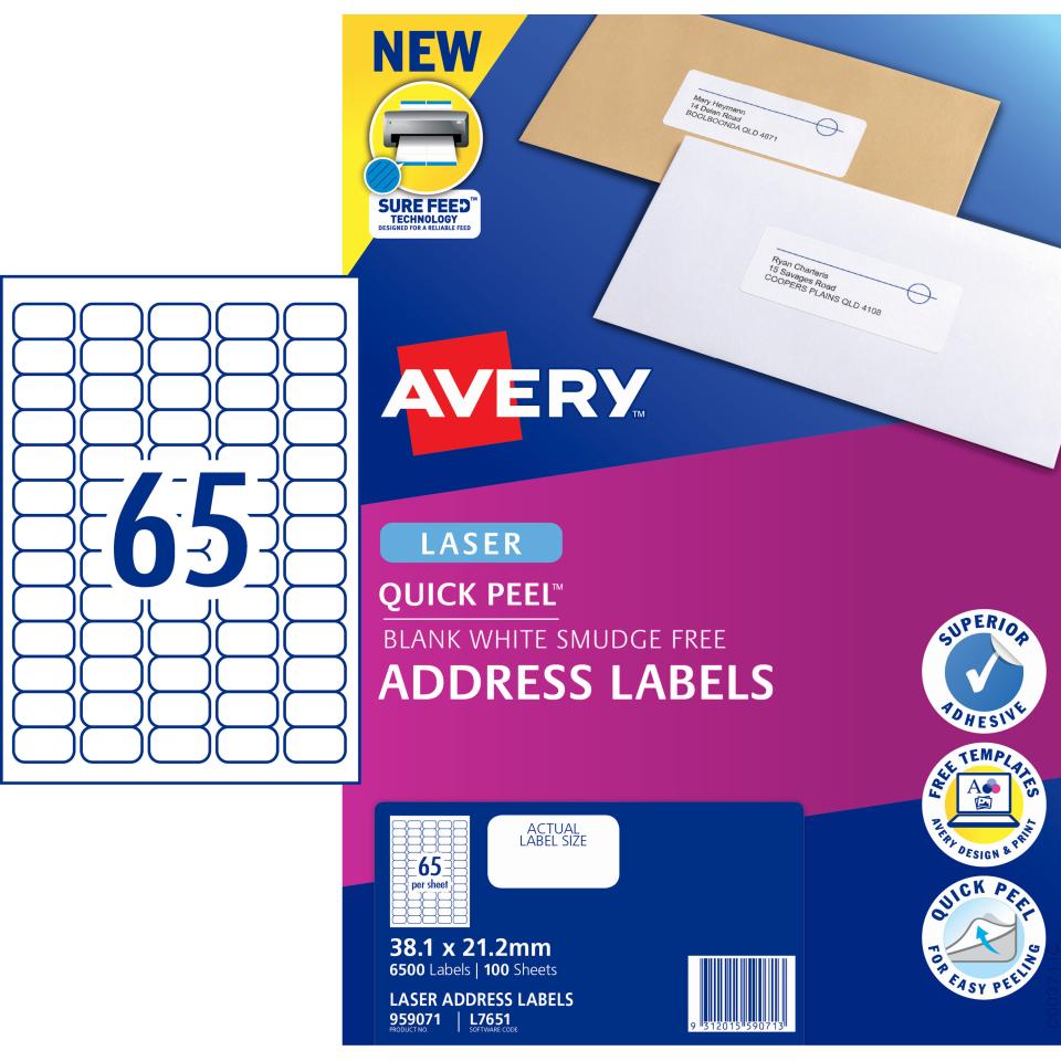 Avery Address Labels with Quick Peel for Laser Printers - 38.1 x 21.2mm - 6500 Labels (L7651)