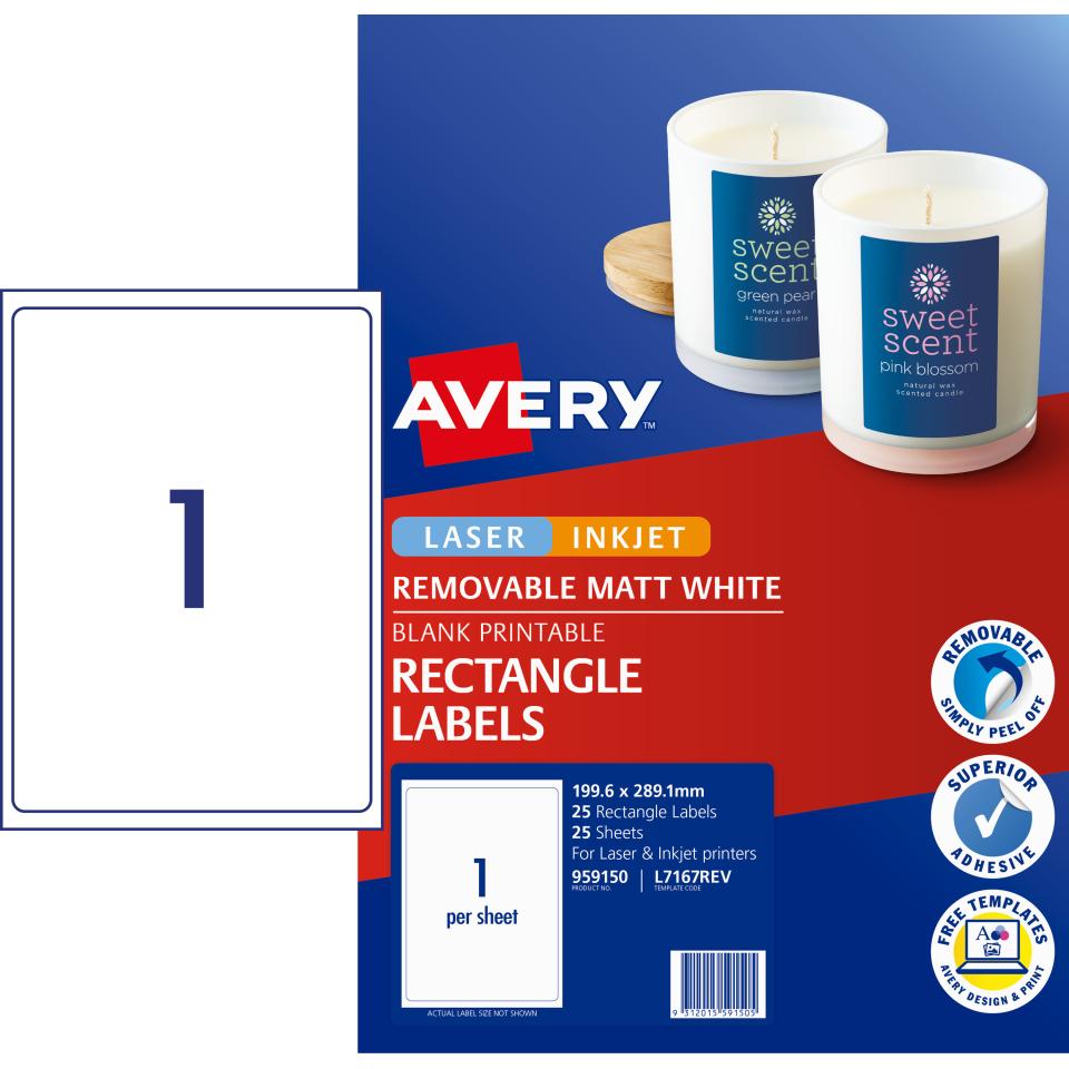 Avery Removable Multi-purpose Labels Printers - 199.6 x 289.1mm - 25 Labels (L7167REV)