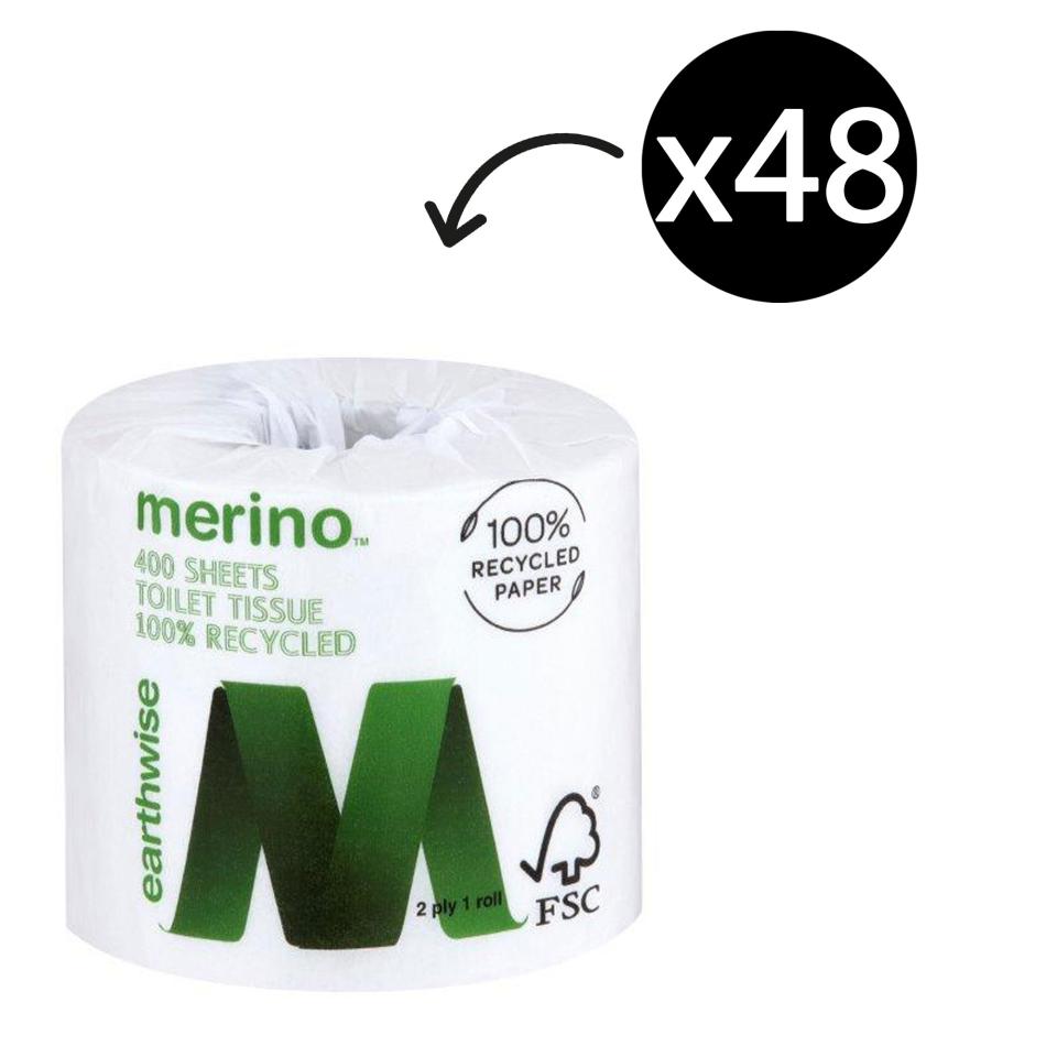 Merino Earthwise Toilet Tissue Roll 100% Recycled 2 Ply 400 Sheets Pack 48