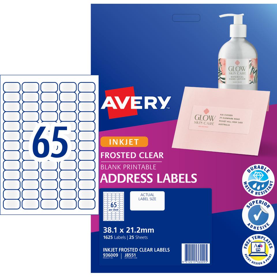 Avery Frosted Clear Address Labels for Inkjet Printers - 38.1 x 21.2mm - 1625 Labels (J8551)
