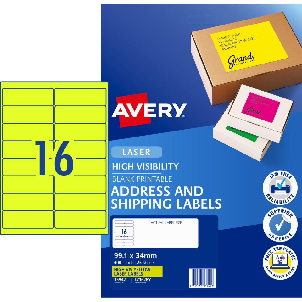 Avery Fluoro Yellow Shipping Labels for Laser Printers - 22.22 x 22mm - 22  Labels (L72262FY) For 16 Labels Per Page Template