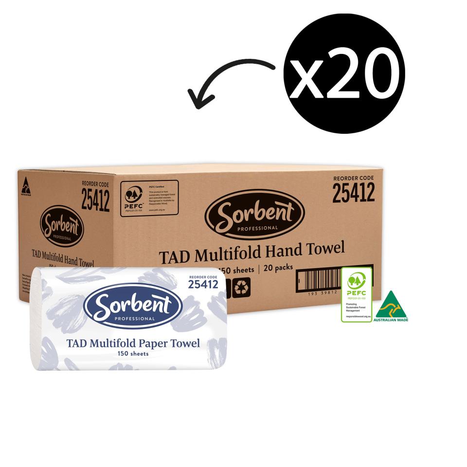Sorbent Professional 25412 TAD Multifold Hand Towel 1 Ply 150 Sheets Carton 20