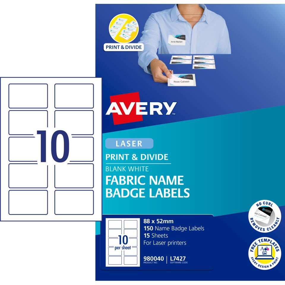 Avery L7427 Fabric Print & Divide Name Badges Labels for Laser Printers 88 x 52mm 150 Labels