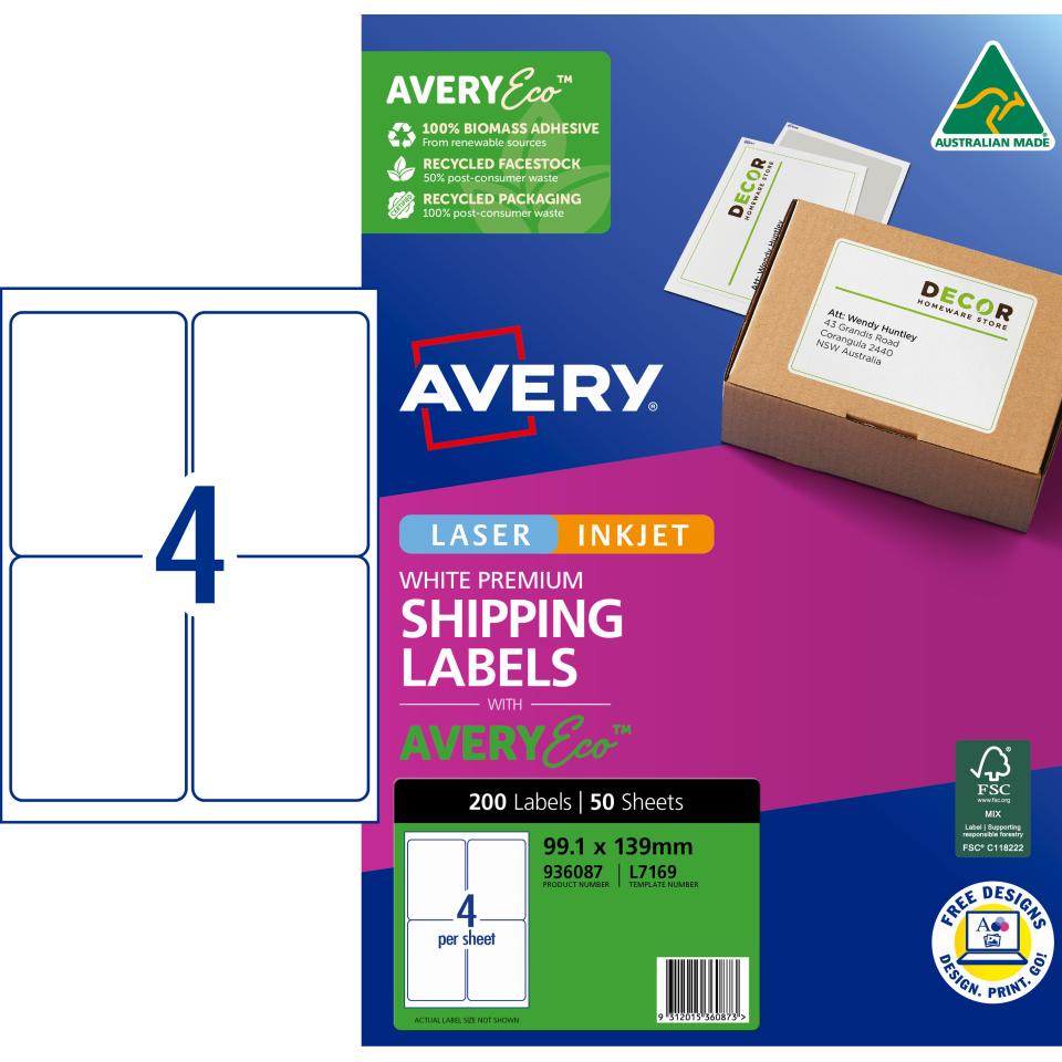 Avery Premium White Inkjet Laser Shipping Labels with AveryEco 4UP 50 Sheets 99.1 x 139mm L7169 Image