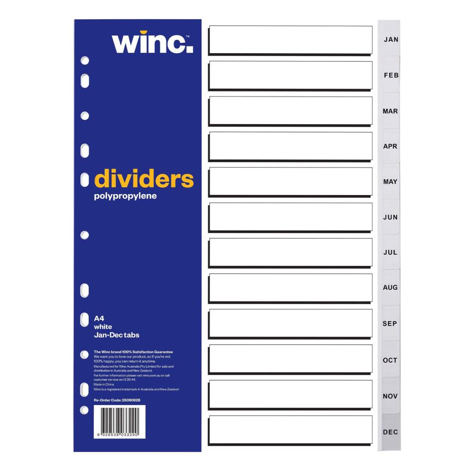 Winc Dividers A4 Polypropylene Jan-Dec White 12 Tab