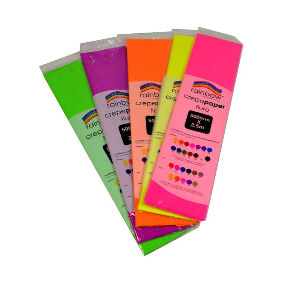 Rainbow Crepe Paper 500mm x 2.5M Assorted Fluoro Colours Pack 5