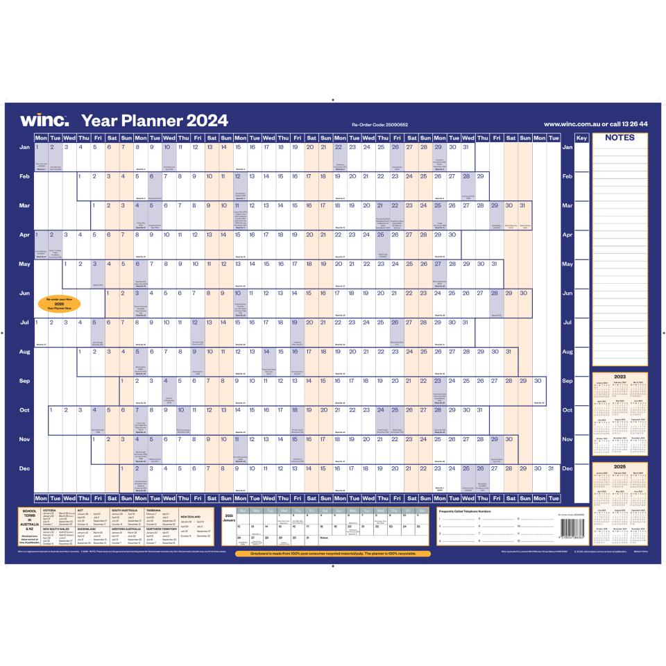 Winc 2024 Recycled Year Wall Planner 610 x 880mm Double Sided