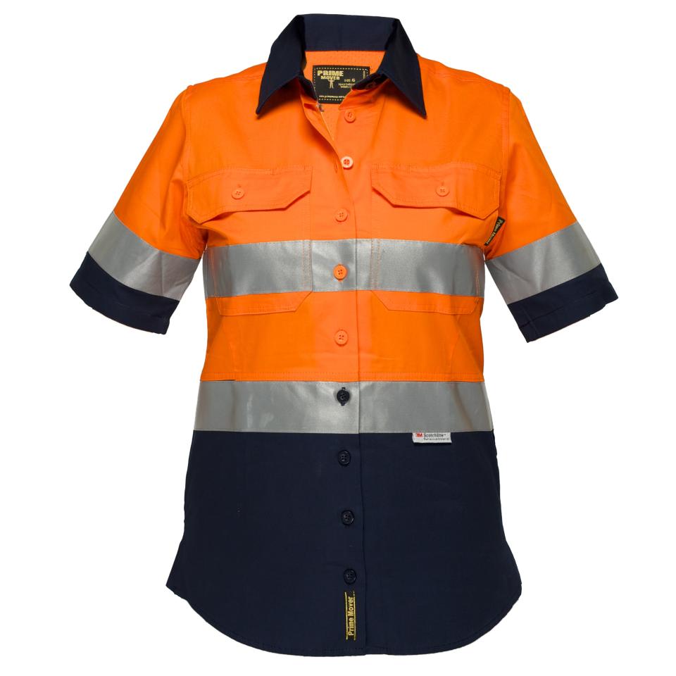 Prime Mover Lws8009A Ladies 100% Cotton Drill 155gsm Short Sleeve Shirt W/Tape Orange/Navy