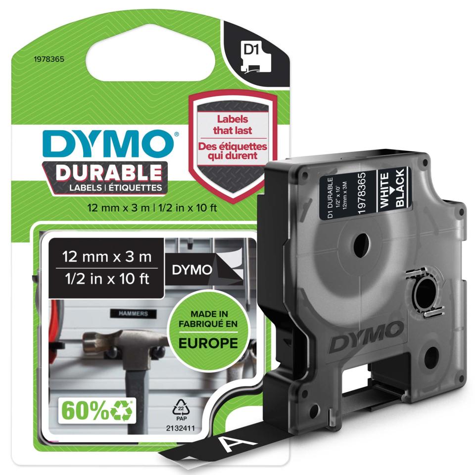 Dymo D1 Durable Label Cassette Tape 12mm x 3M White On Black