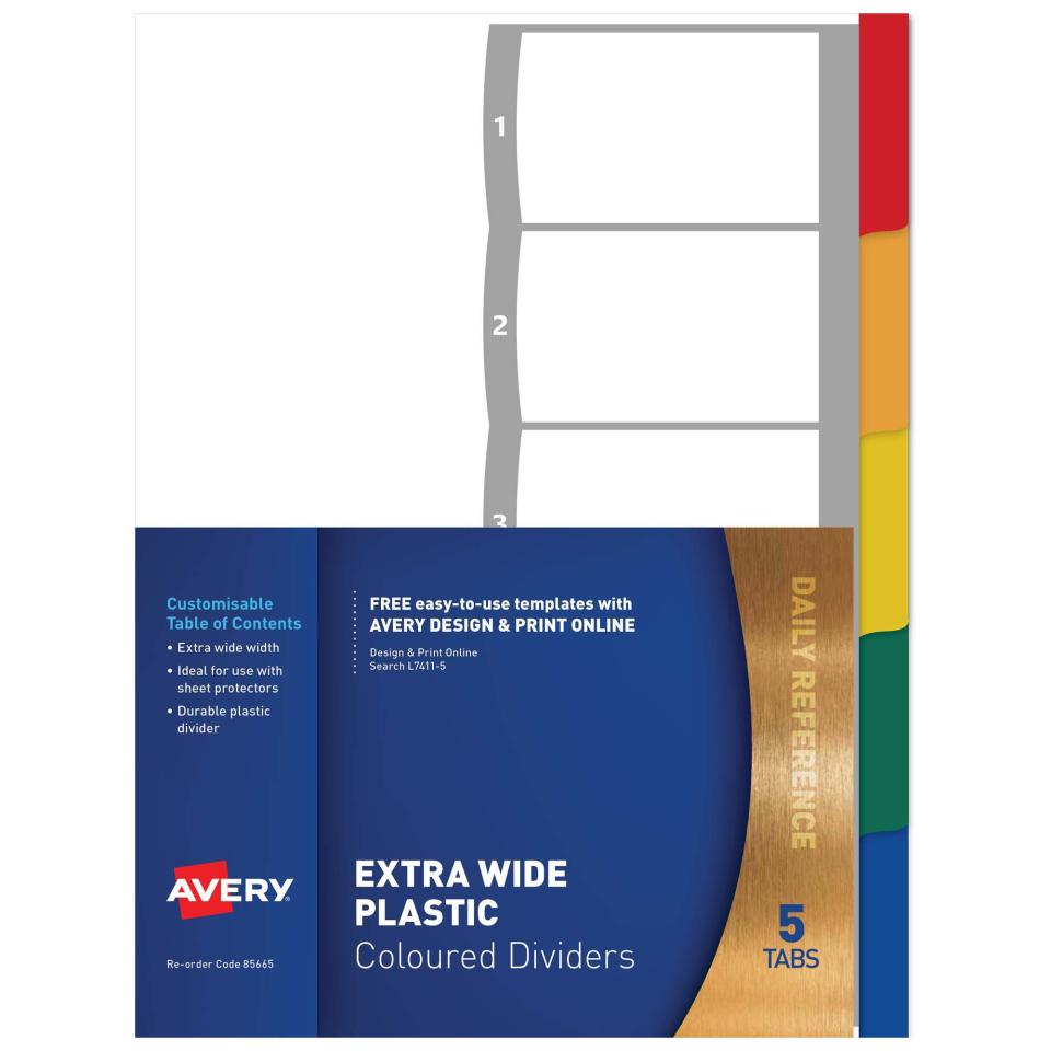 Avery Dividers A4 Polypropylene Extra Wide Coloured 5 Tab