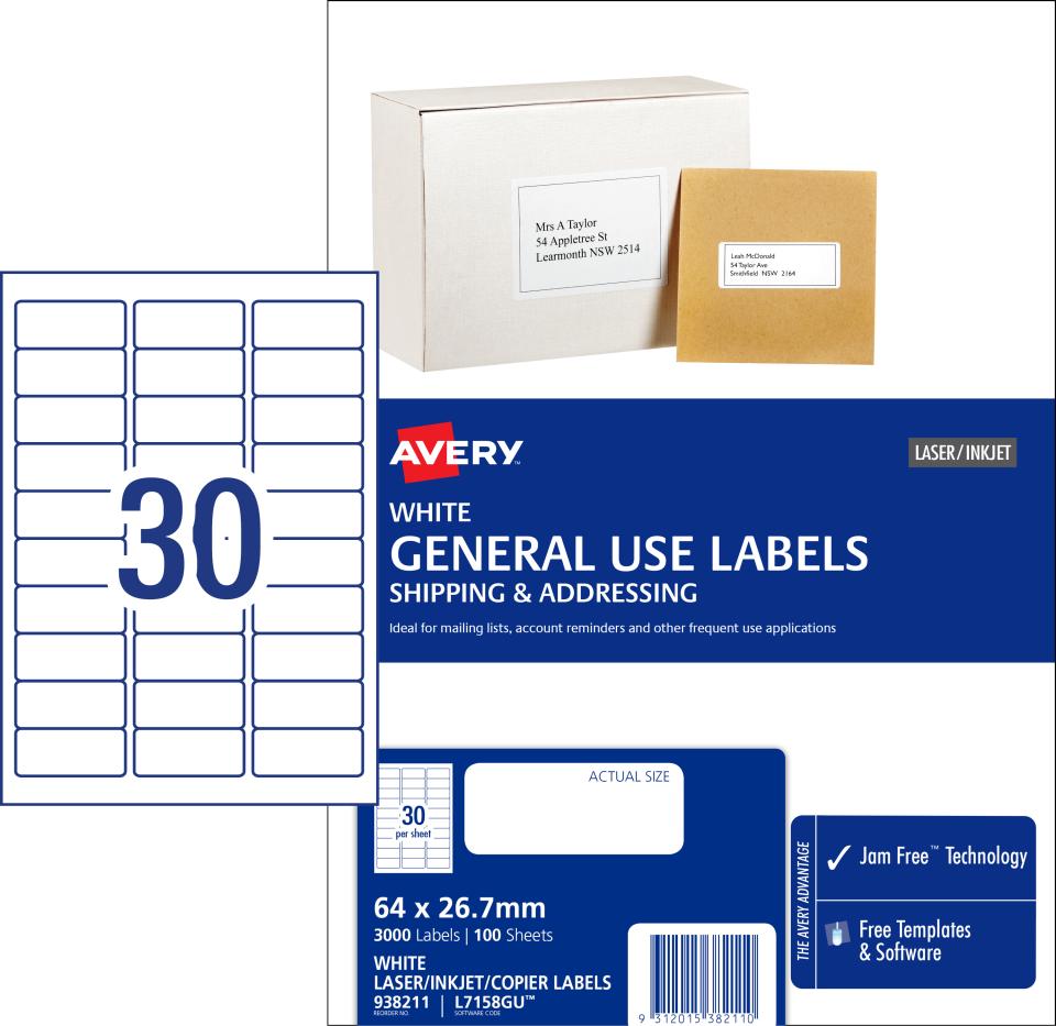 Avery General Use Labels 64 x 26.7mm 3000 Labels (L7158GU) Winc