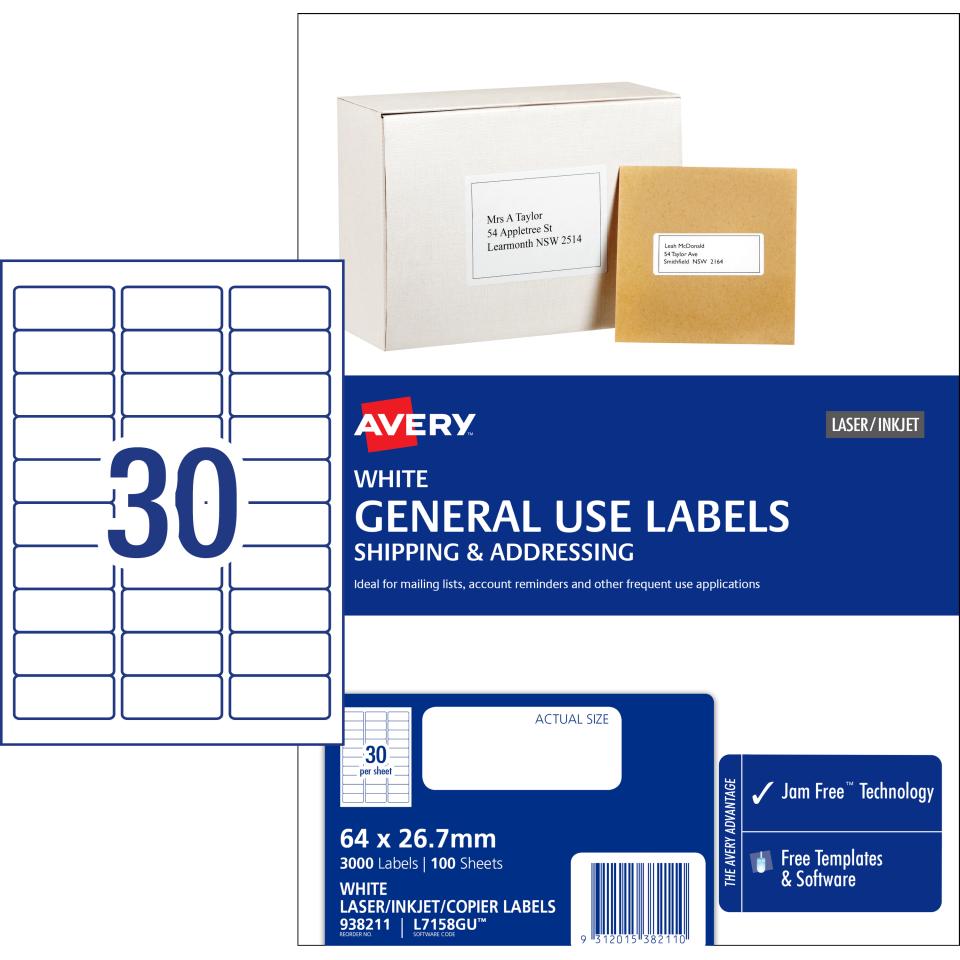 Avery General Use Labels - 64 x 26.7mm - 3000 Labels (L7158GU)