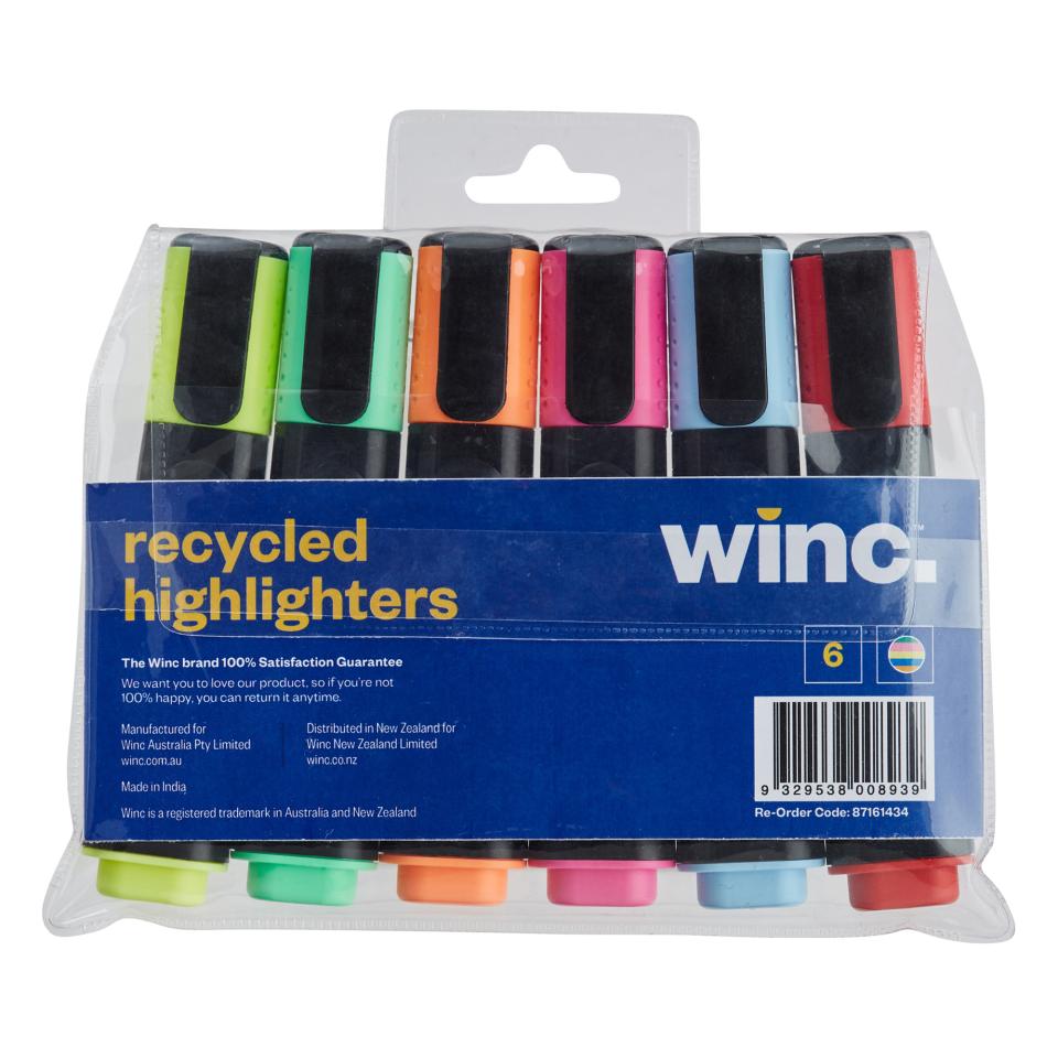 Winc Recycled Highlighter Chisel Tip 1.0-4.5mm Assorted Colours Pack 6