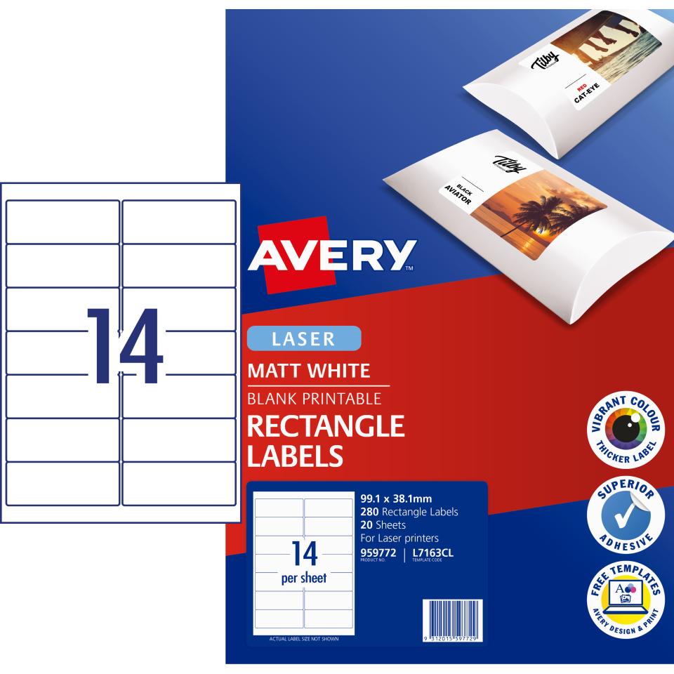 Avery Matte Photo Quality Labels for Laser Printers - 99.1 x 38.1mm - 280 Labels (L7163CL)