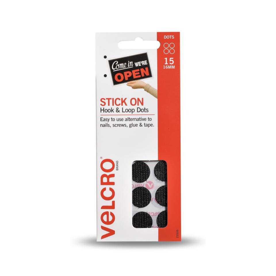 VELCRO Brand Stick On Hook and Loop 16mm Mini Dots Black Pack 15