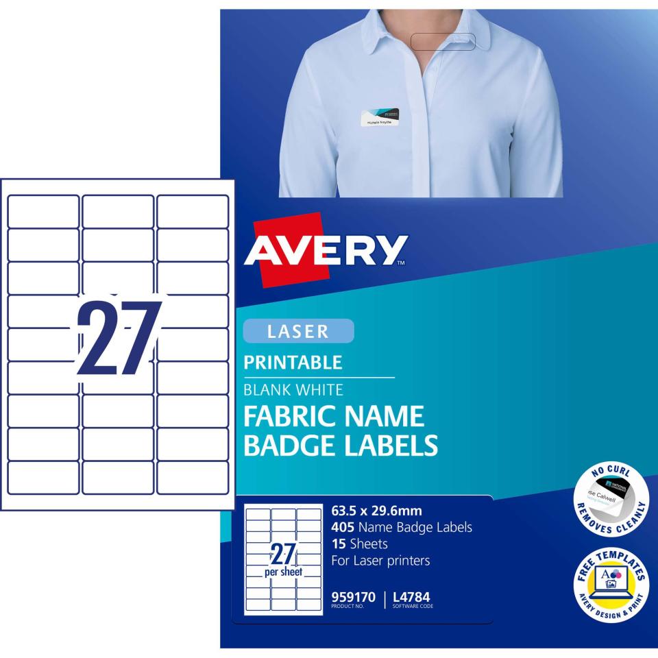 Avery L4784 Fabric Name Badge Labels for Laser Printers 63.5 x 29.6mm 405 Labels