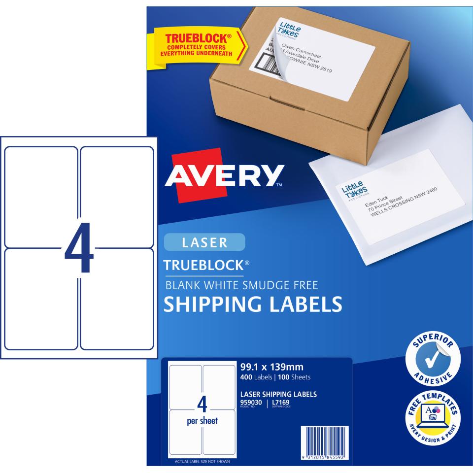 Avery Shipping Labels with Trueblock for Laser Printers - 99.1 x 139 mm - 400 Labels (L7169)