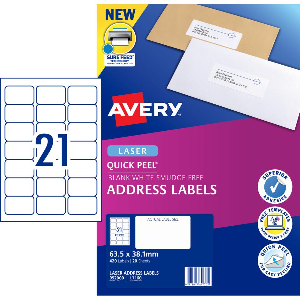 Avery Address Labels with Quick Peel for Laser Printers 63.5 x 38.1mm 420 Labels (L7160)