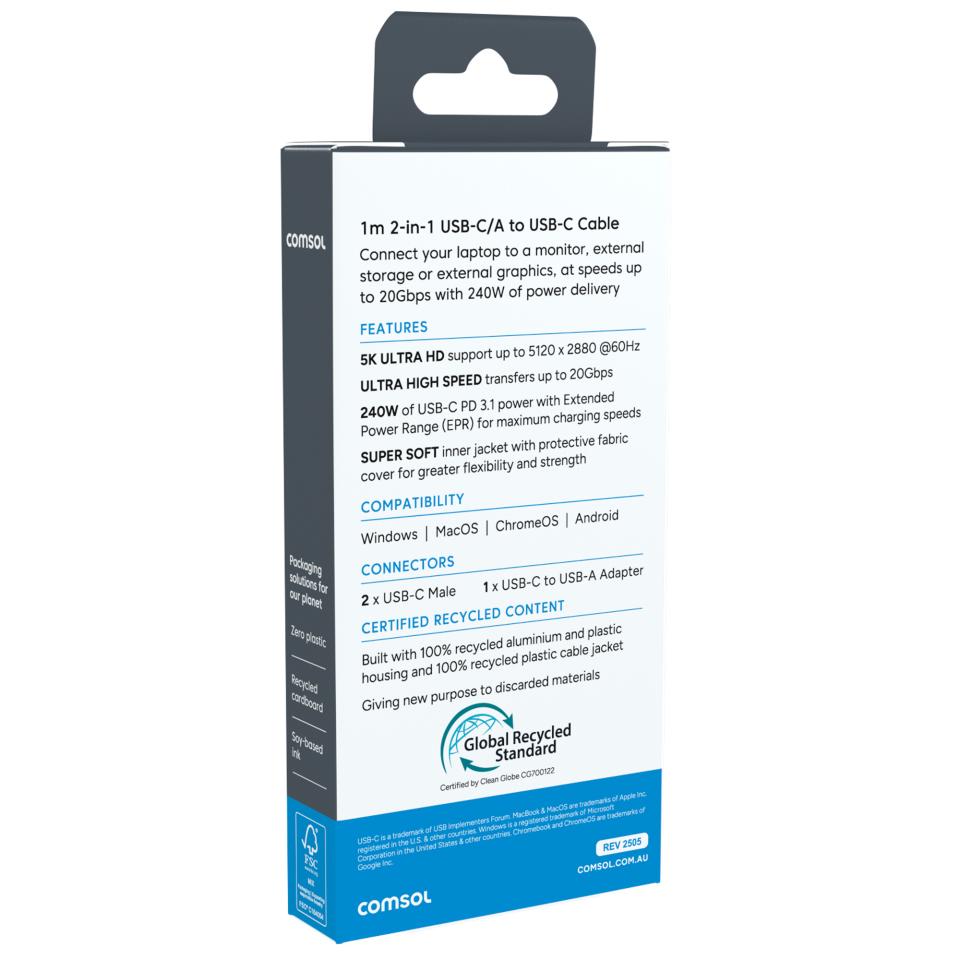 Comsol 1m 2-in-1 USB-C & A To USB-C 4k Cable 240w | Winc