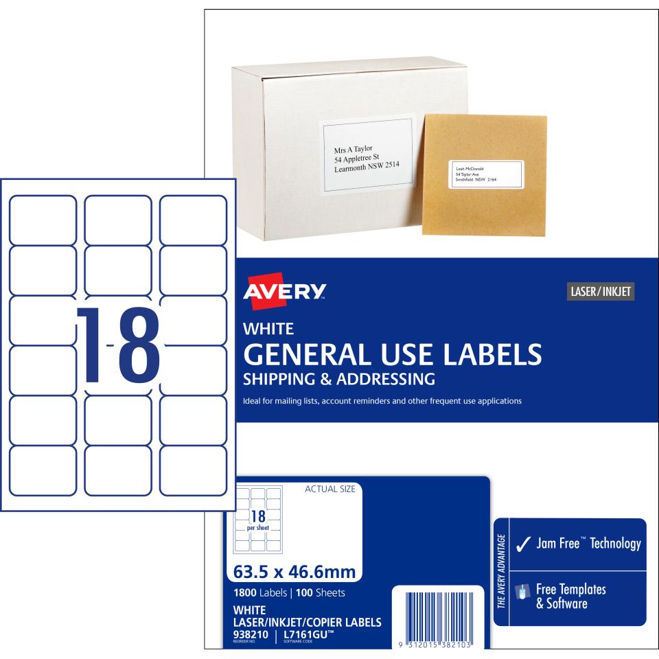 Avery General Use Labels - 63.5 x 46.6mm - 1800 Labels (L7161GU)
