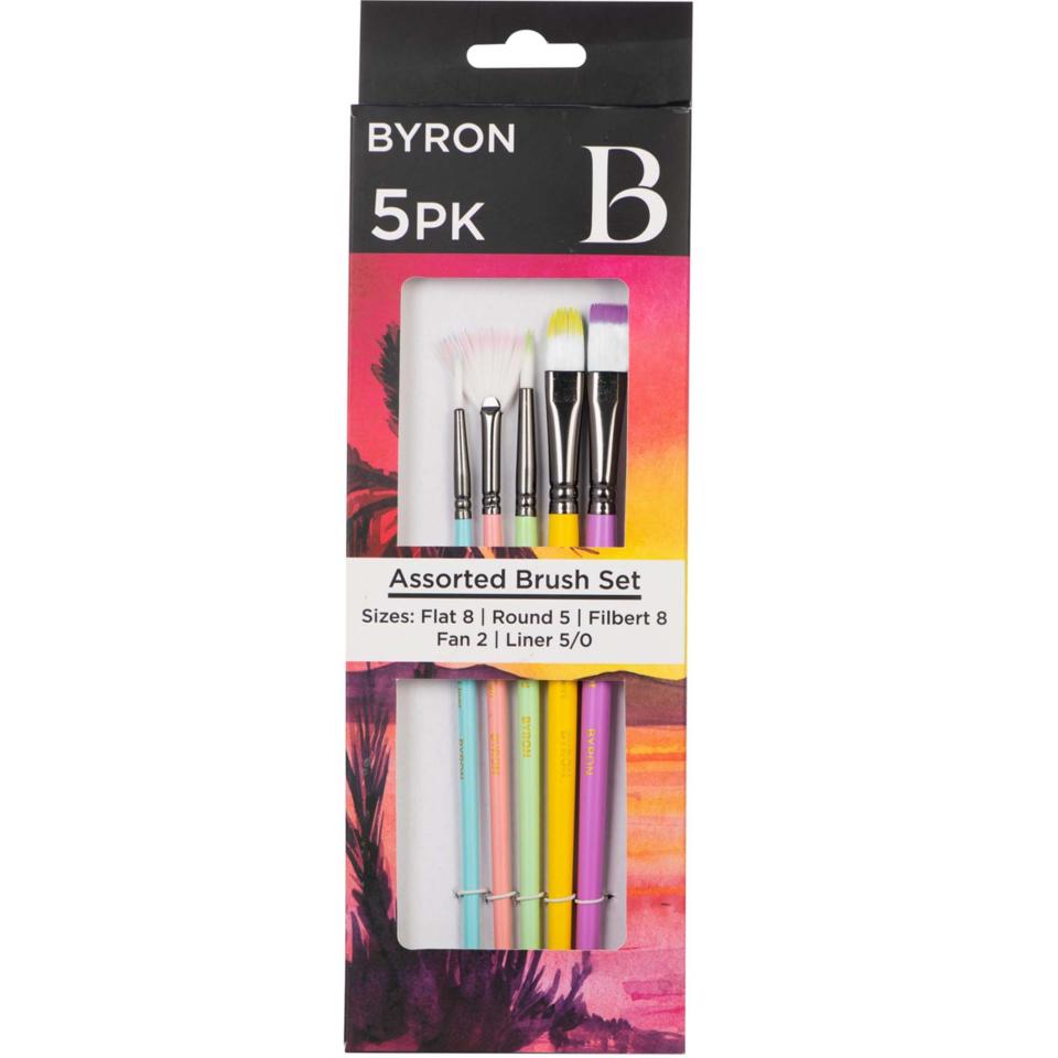 Byron Pastel 5 Piece Assorted Brush Set Sizes Flat 8 Round 5 Filbert 8 Fan 2 Liner 5/0 Image