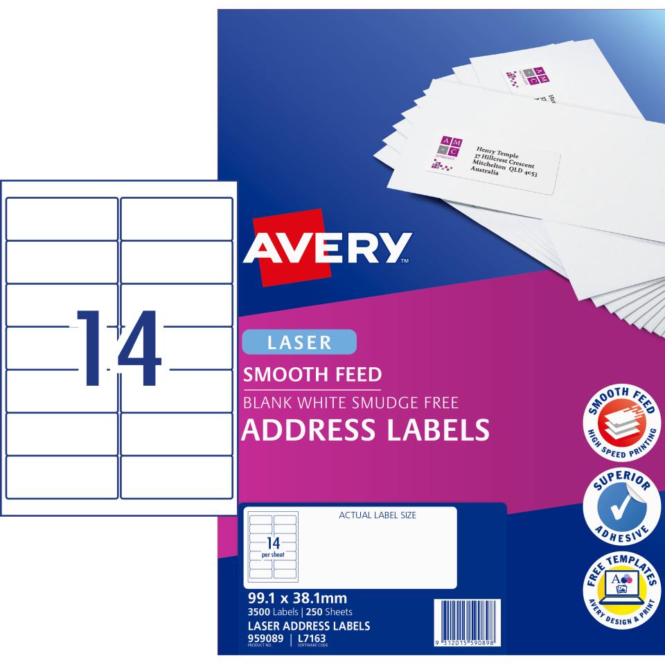 Avery Address Labels with Smooth Feed for Laser Printers - 99.1 x 38.1mm - 3500 Labels (L7163)
