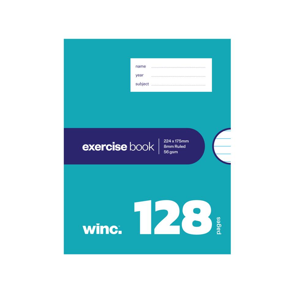 Winc Exercise Book 224x175mm 8mm Ruled Stapled 56gsm 128 Pages