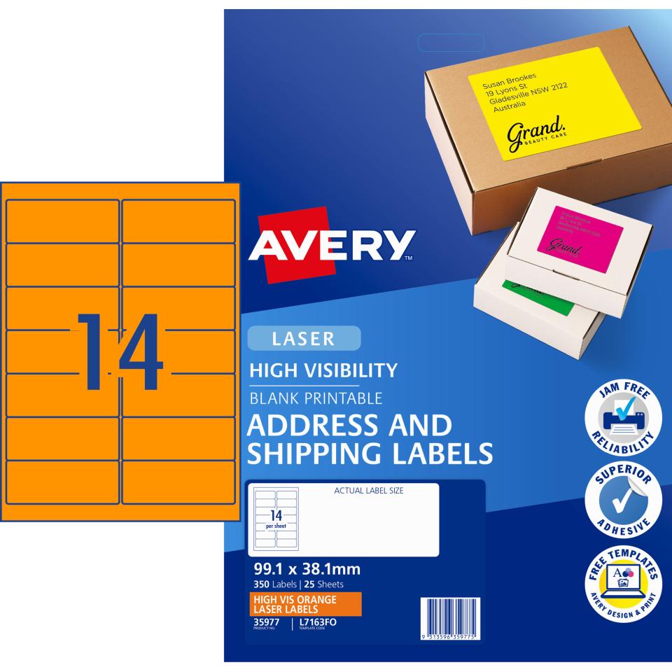 Avery Fluoro Orange Shipping Labels for Laser Printers - 99.1 x 38.1mm - 350 Labels (L7163FO)