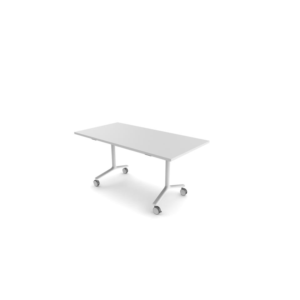 Okidoki Folding Table 1500W x 750D x 720mmH  Blanc White Frame on Castors Natural White Laminate top