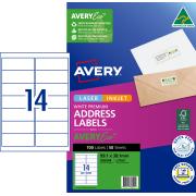Avery Premium White Inkjet Laser Address Labels with AveryEco 14UP 50 Sheets 99.1 x 38.1mm L7163