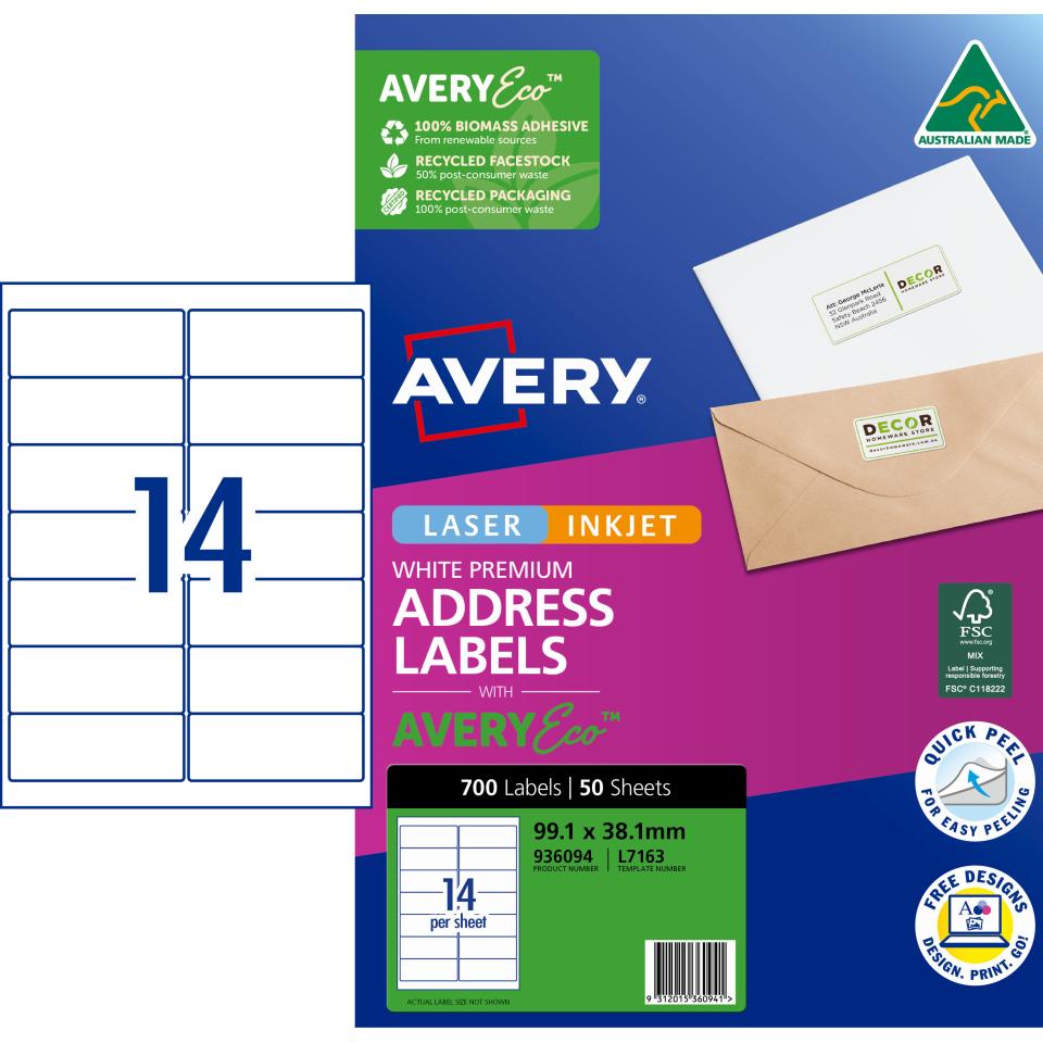Avery Premium White Inkjet Laser Address Labels with AveryEco 14UP 50 Sheets 99.1 x 38.1mm L7163 Image