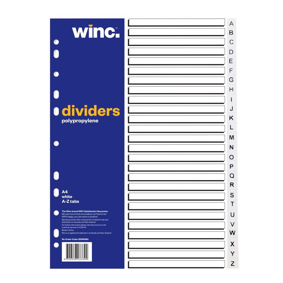 Winc Polypropylene Dividers Set A4 White 26 Tabs A-Z