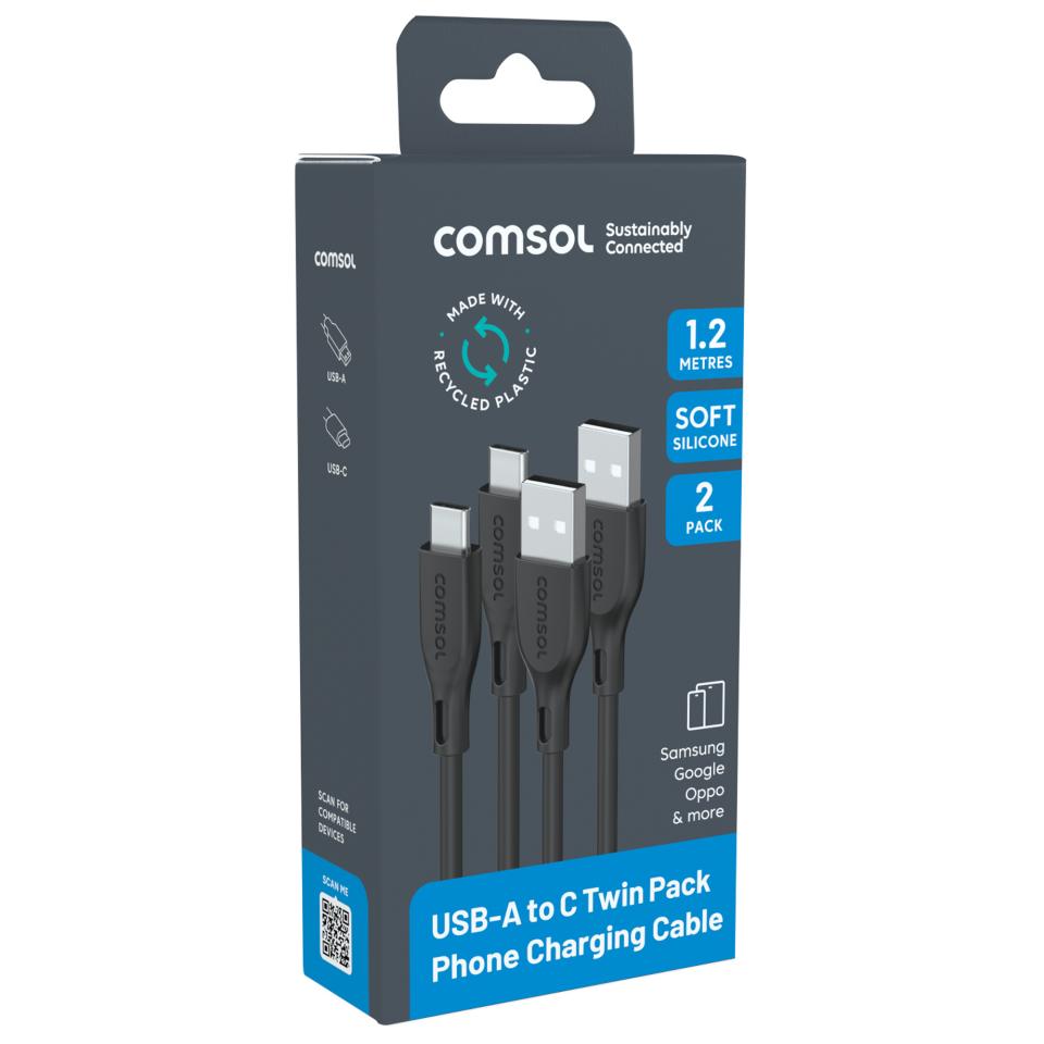 Comsol 1.2m USB-A To USB-C Cable Twin Pack - Silicone Grs | Winc