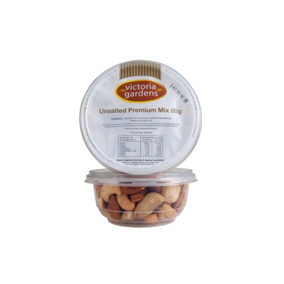 Victoria Gardens Premium Mixed Nuts Unsalted Portion Control 80g Tub Carton 24