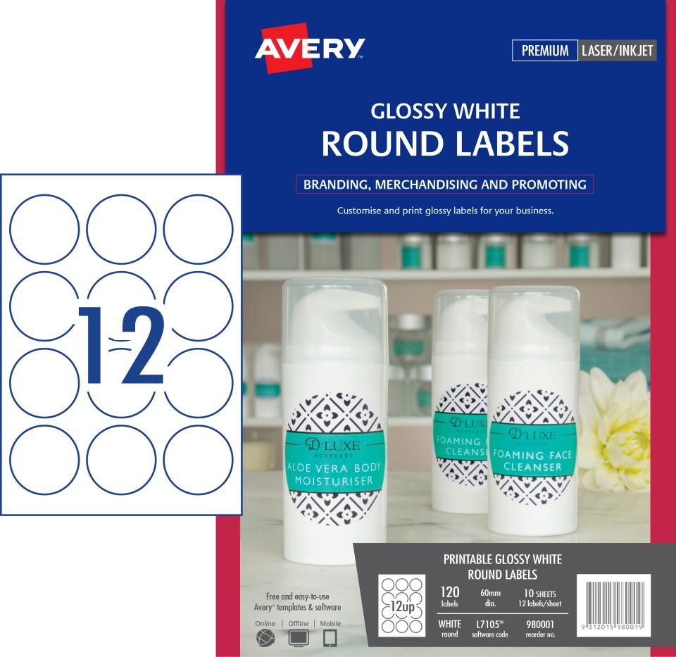 Avery Glossy Round Labels - 60mm diameter - 120 Labels (L7105) | Winc