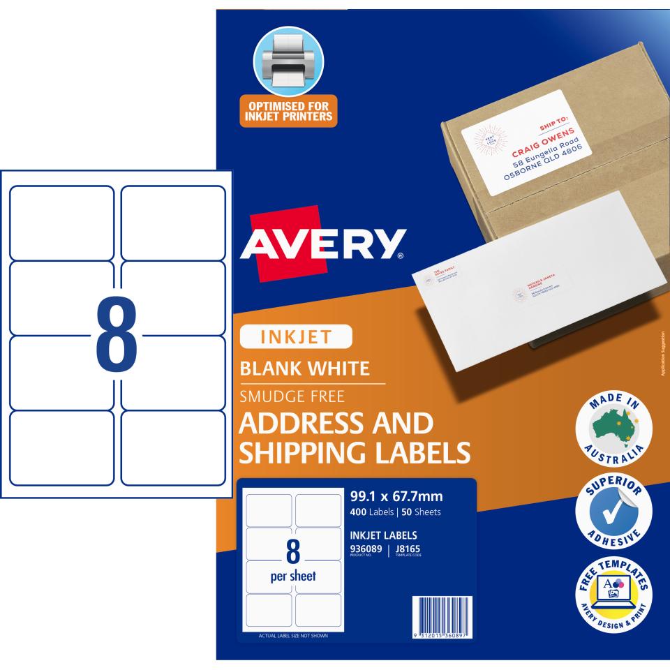 Avery Shipping Labels for Inkjet Printers - 99.1 x 67.7mm - 400 Labels (J8165)