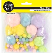 Value Craft Plush Pastel Pom Poms Assorted Sizes 60pcs