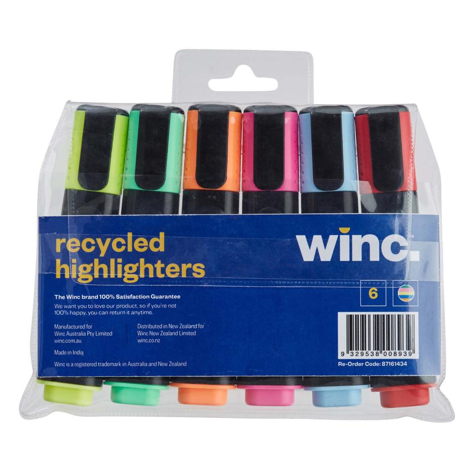 Winc Highlighter Recycled Chisel Tip 1.0-4.5mm Assorted Colours Pack 6
