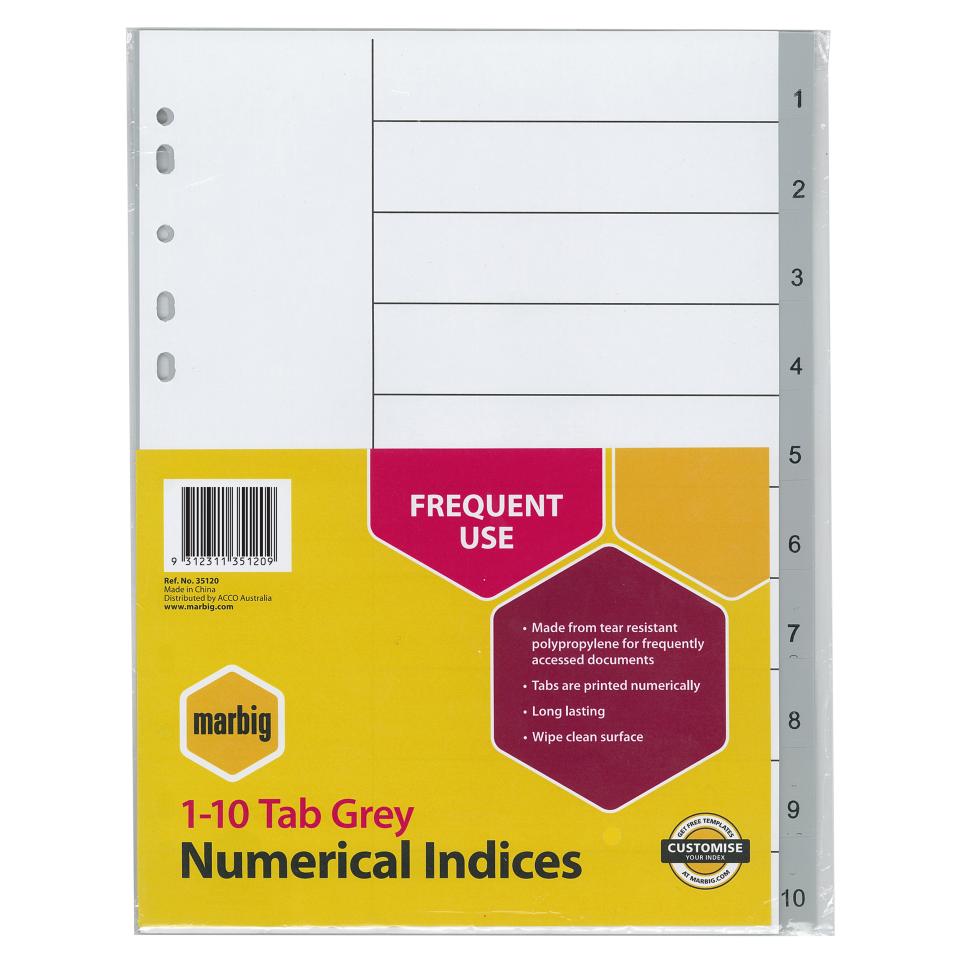Marbig Dividers A4 Polypropylene 1-10 Numerical Grey Tab